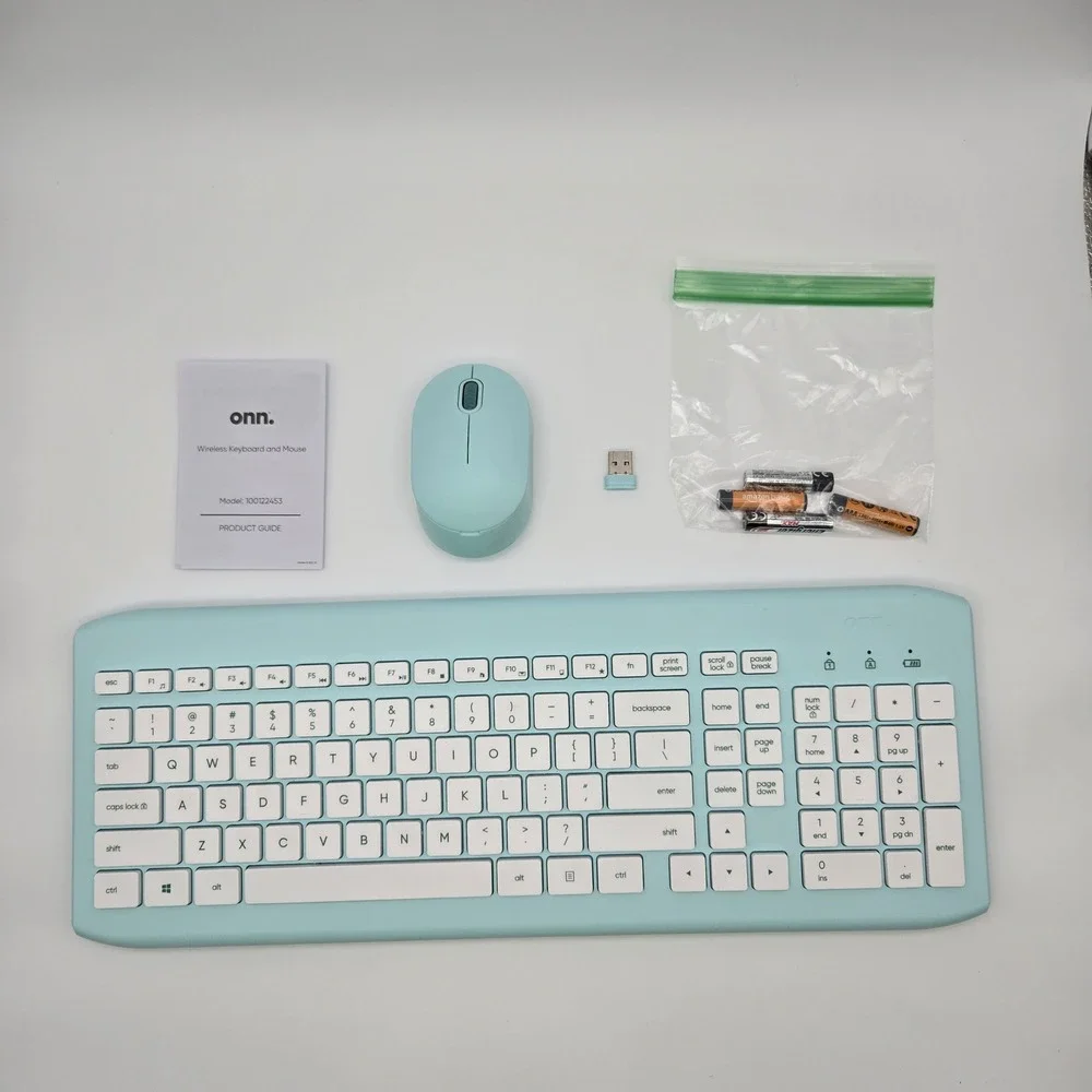 onn. Wireless Keyboard and Mouse Full Size Mint Green 104 Keys 1600 DPI Surf onn